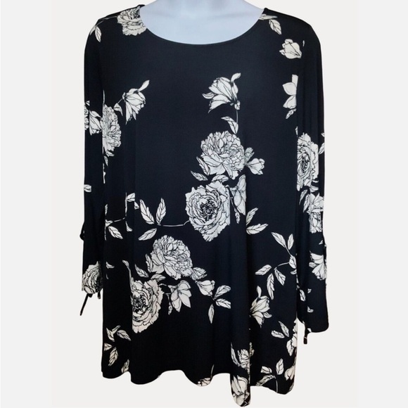 Avenue Womens Plus Size 22 Black White Rose Print A-Line Tunic Long Sleeve NEW - Picture 1 of 11